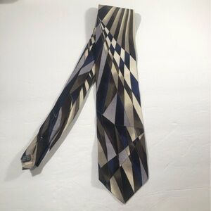 Geometric Patterned Italian Silk Hand Made Tie - Black,Blue,Tan By Fratelli